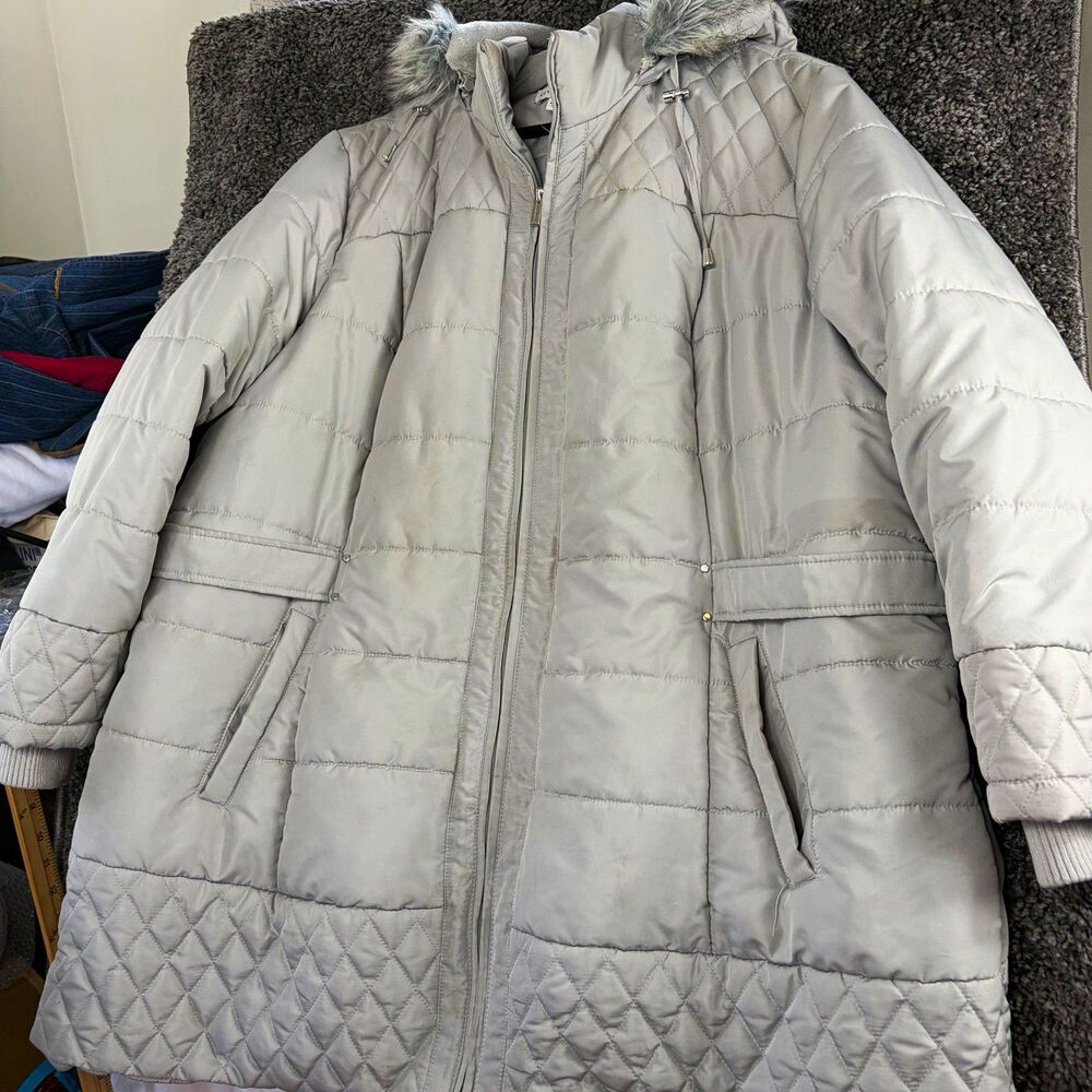 Susan Graver Gray Quilted Puffer Jacket Hooded Faux Fur Trim Plus 3X Women